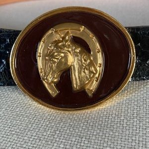 Western Black Python Belt Horse Head Brown Enamel Belt Buckle Unisex Size 36